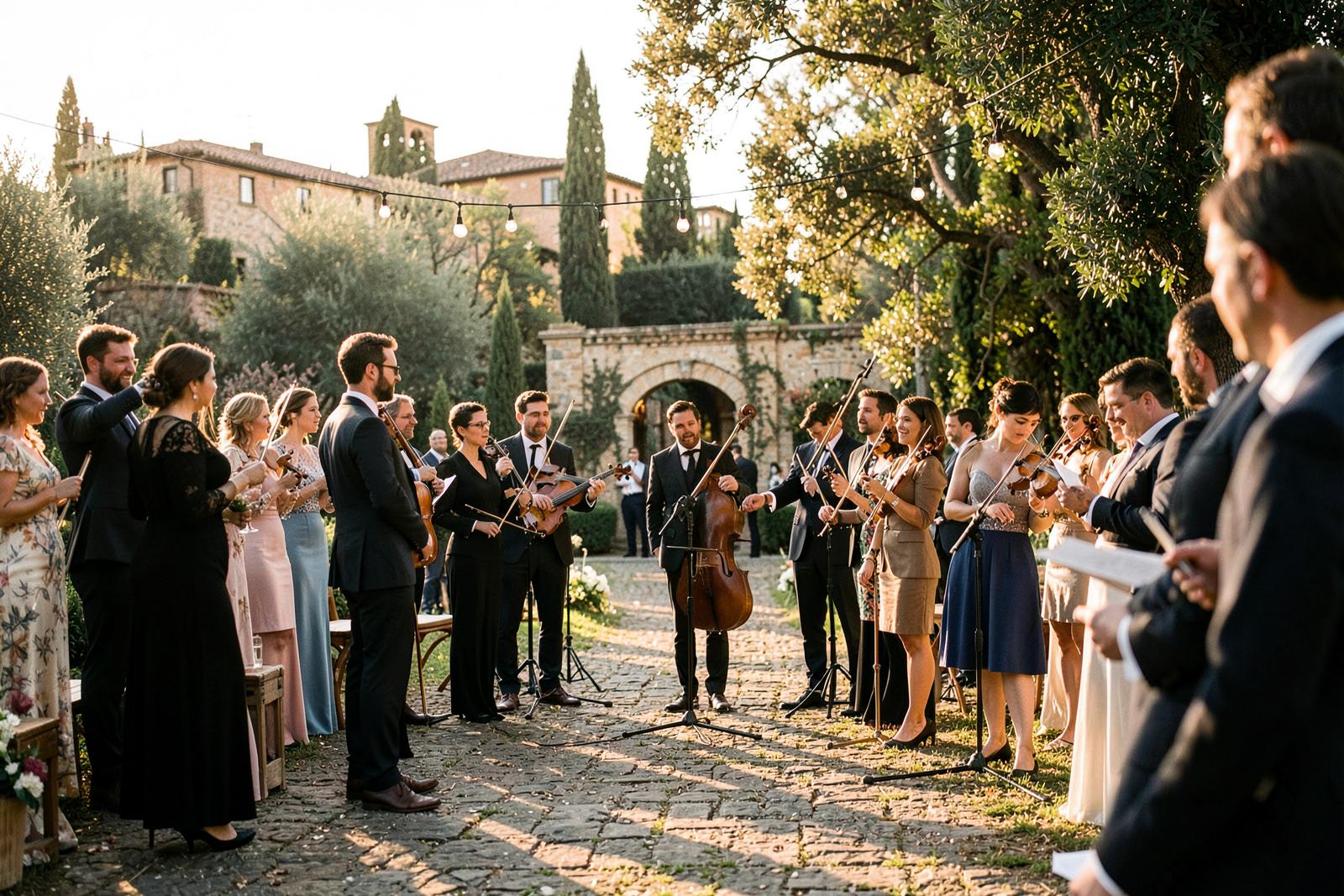 Musicians directed during a Tuscan wedding ceremony