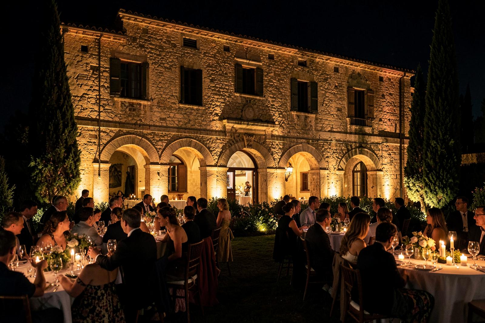 Architectural lighting across a Tuscan villa façade