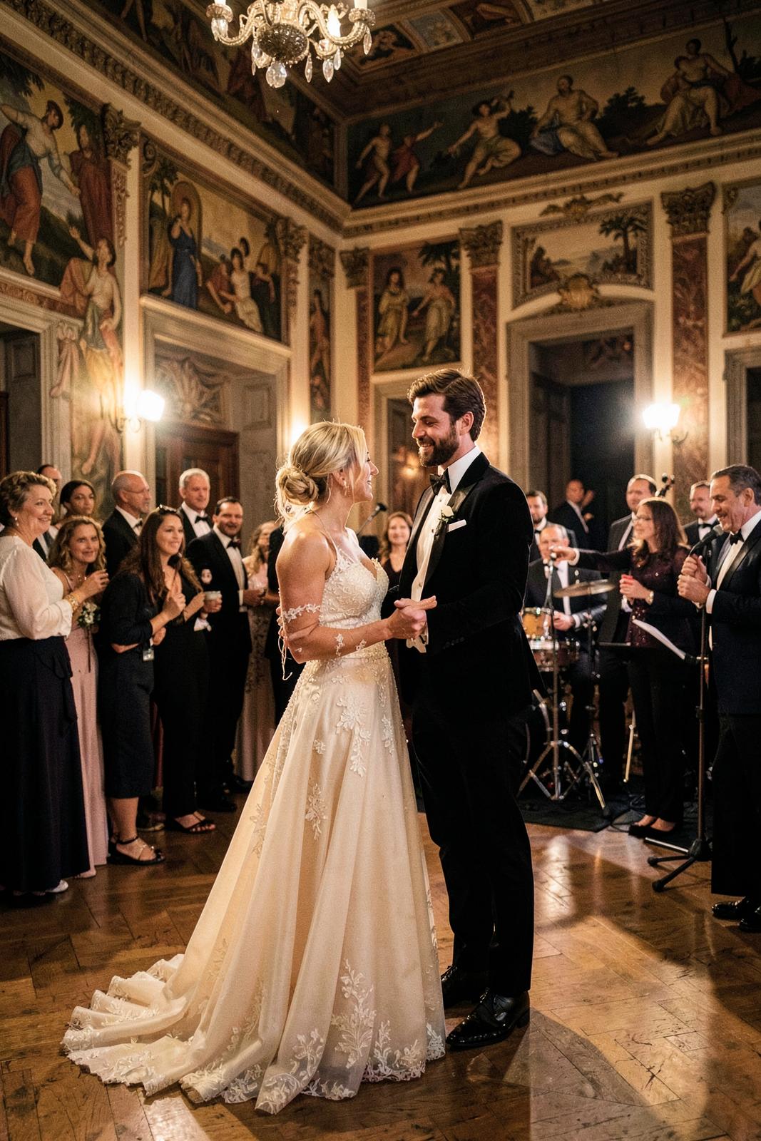Live band inside the frescoed villa ballroom