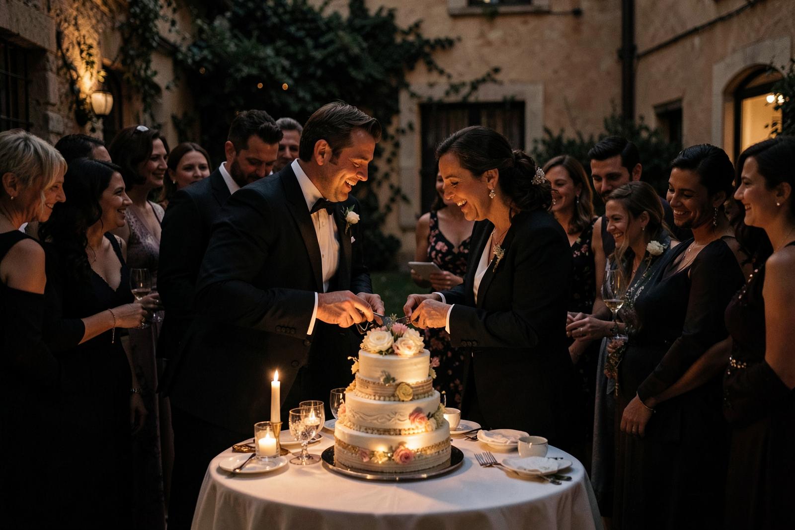 Guests gathering for the wedding cake reveal