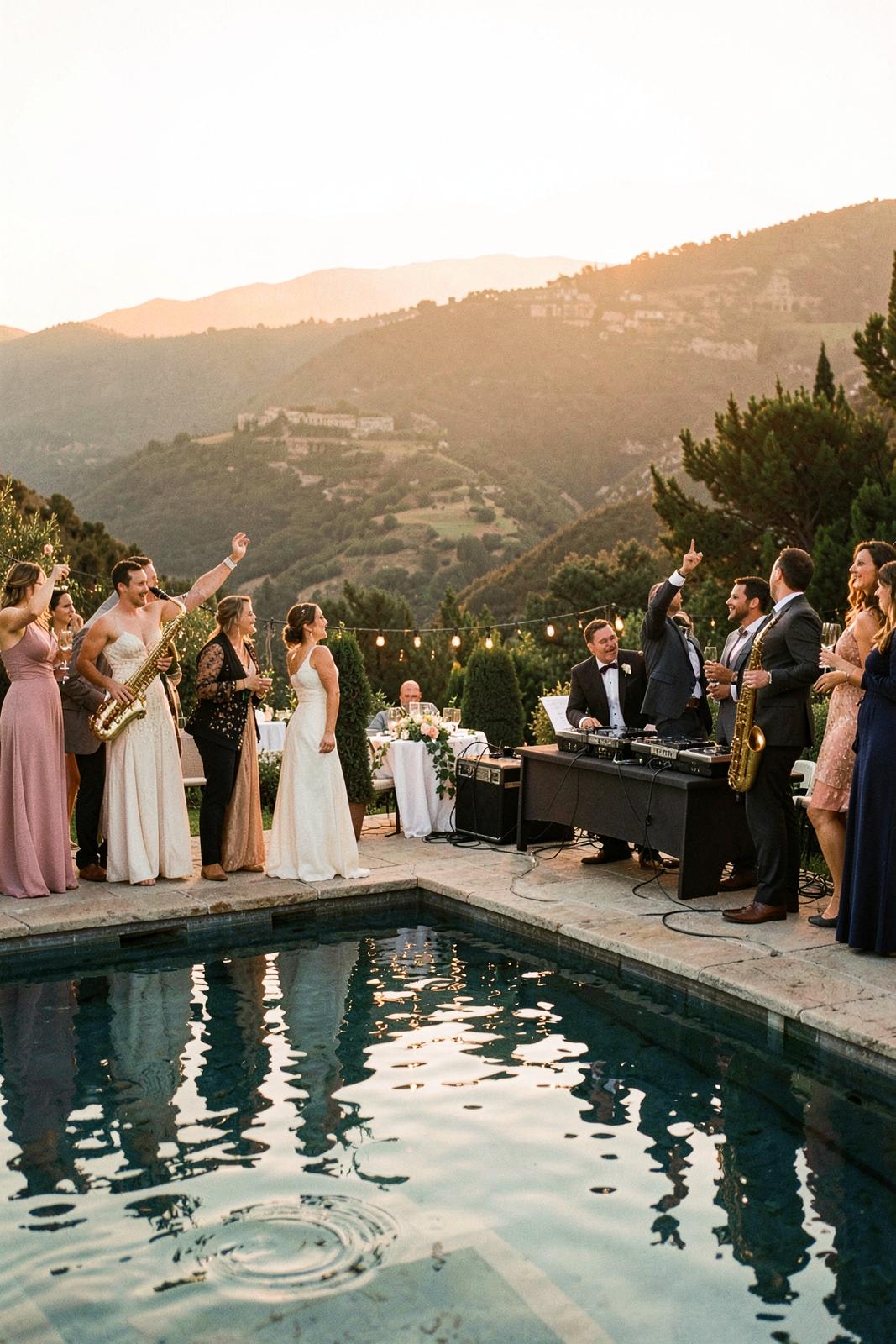 Pool party gaining energy at sunset