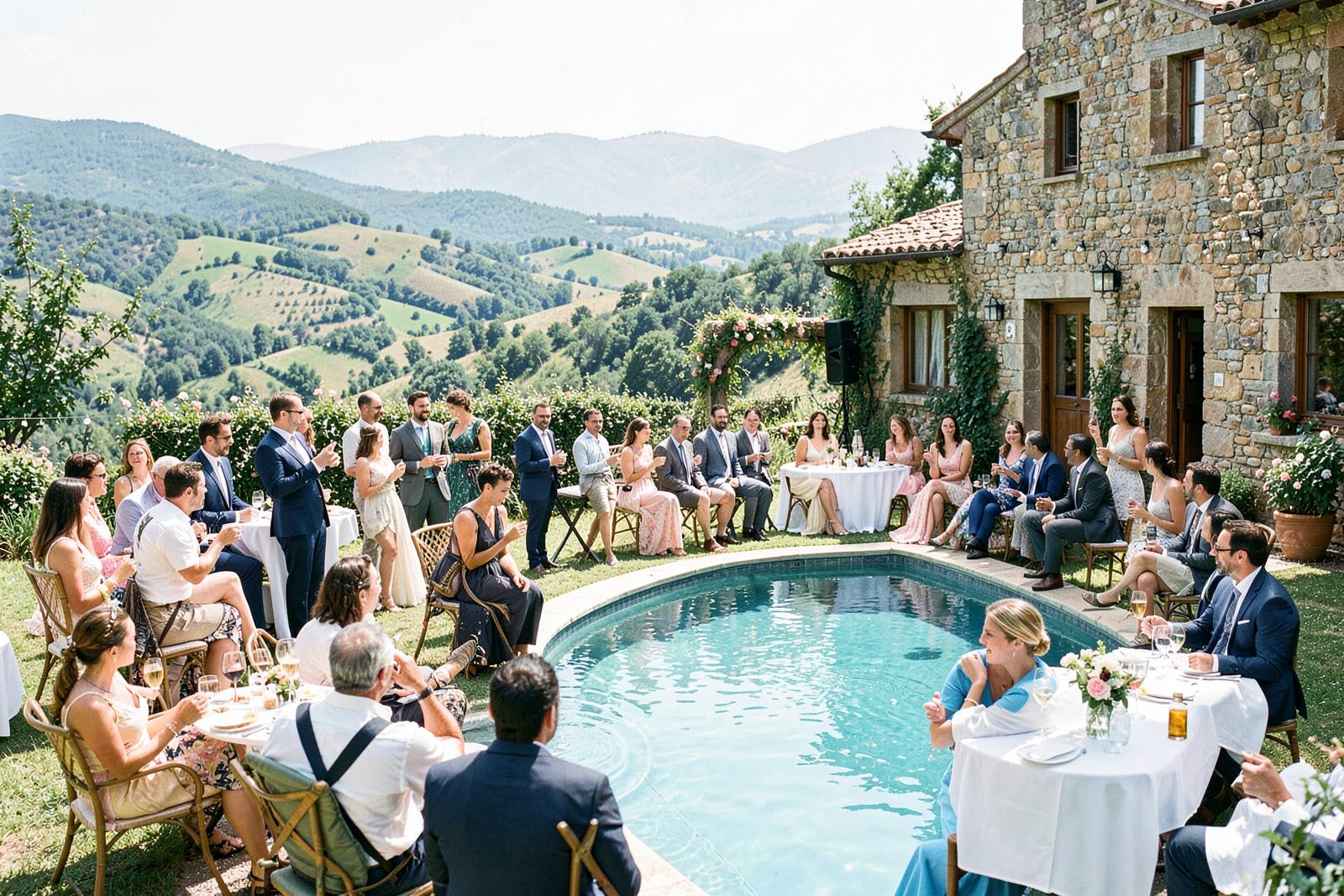 Relaxed poolside wedding lunch in Tuscany