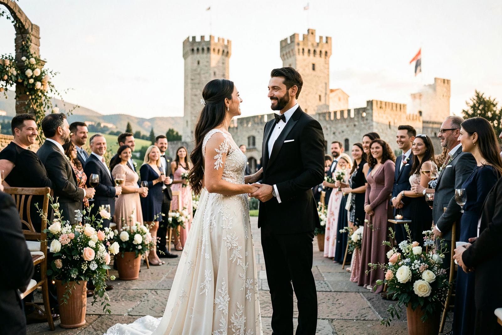 Wedding gathering beneath the towers of San Gimignano