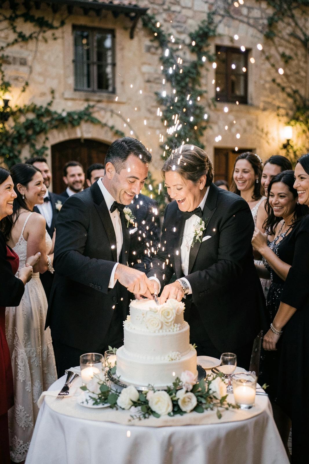 The couple cutting their cake under focused light