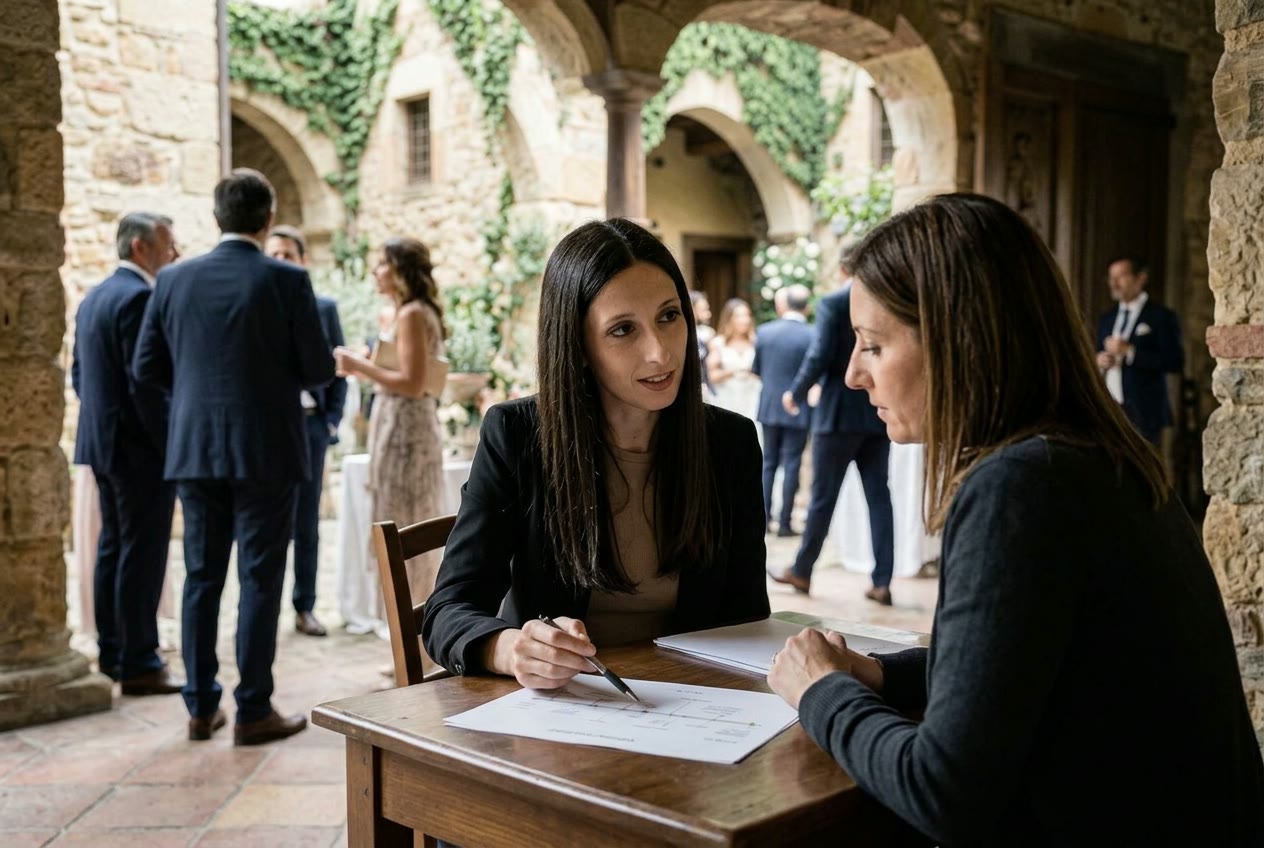 Wedding planner and music director reviewing the brief