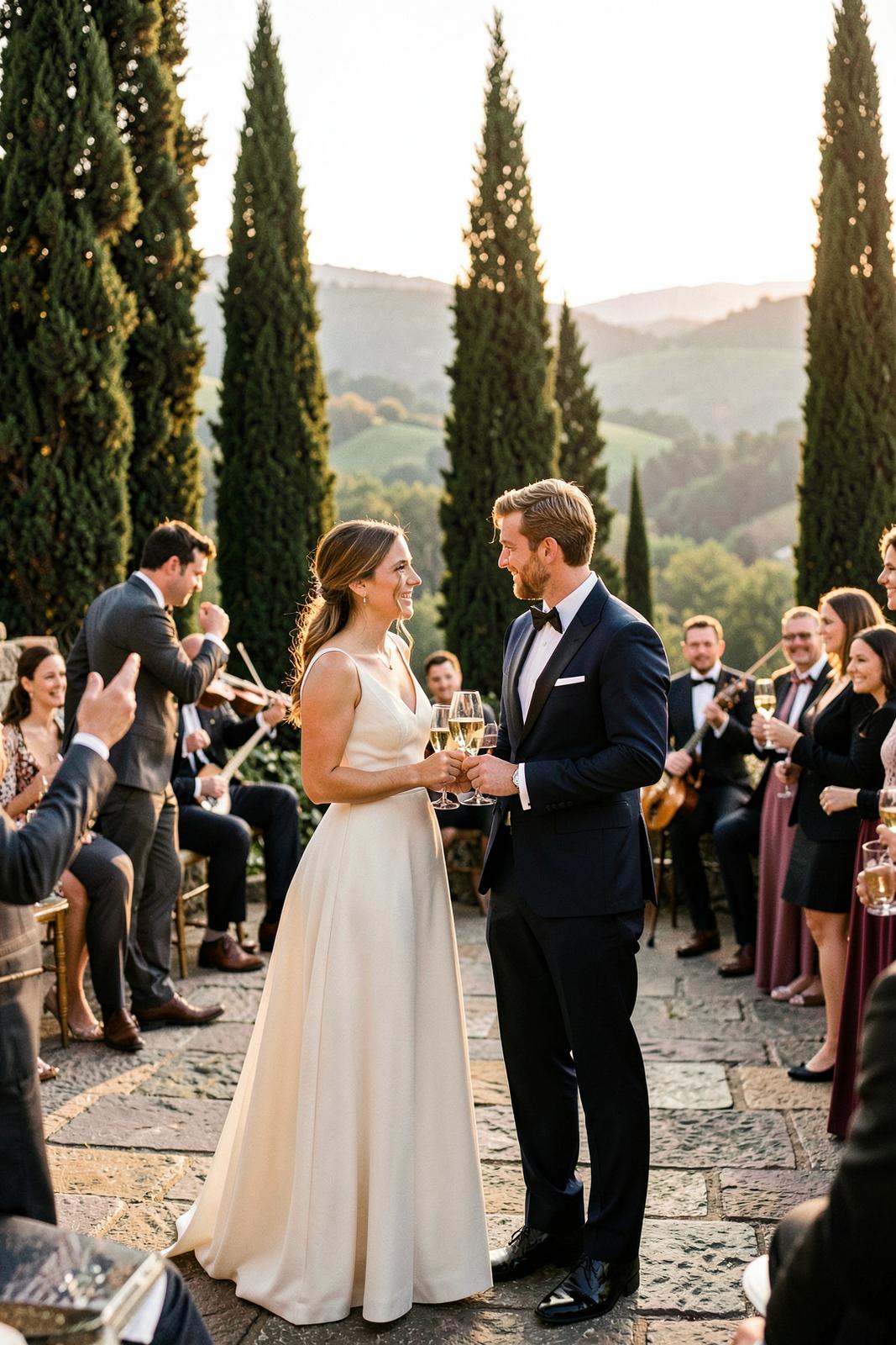 Golden hour aperitif framed by Tuscan cypresses