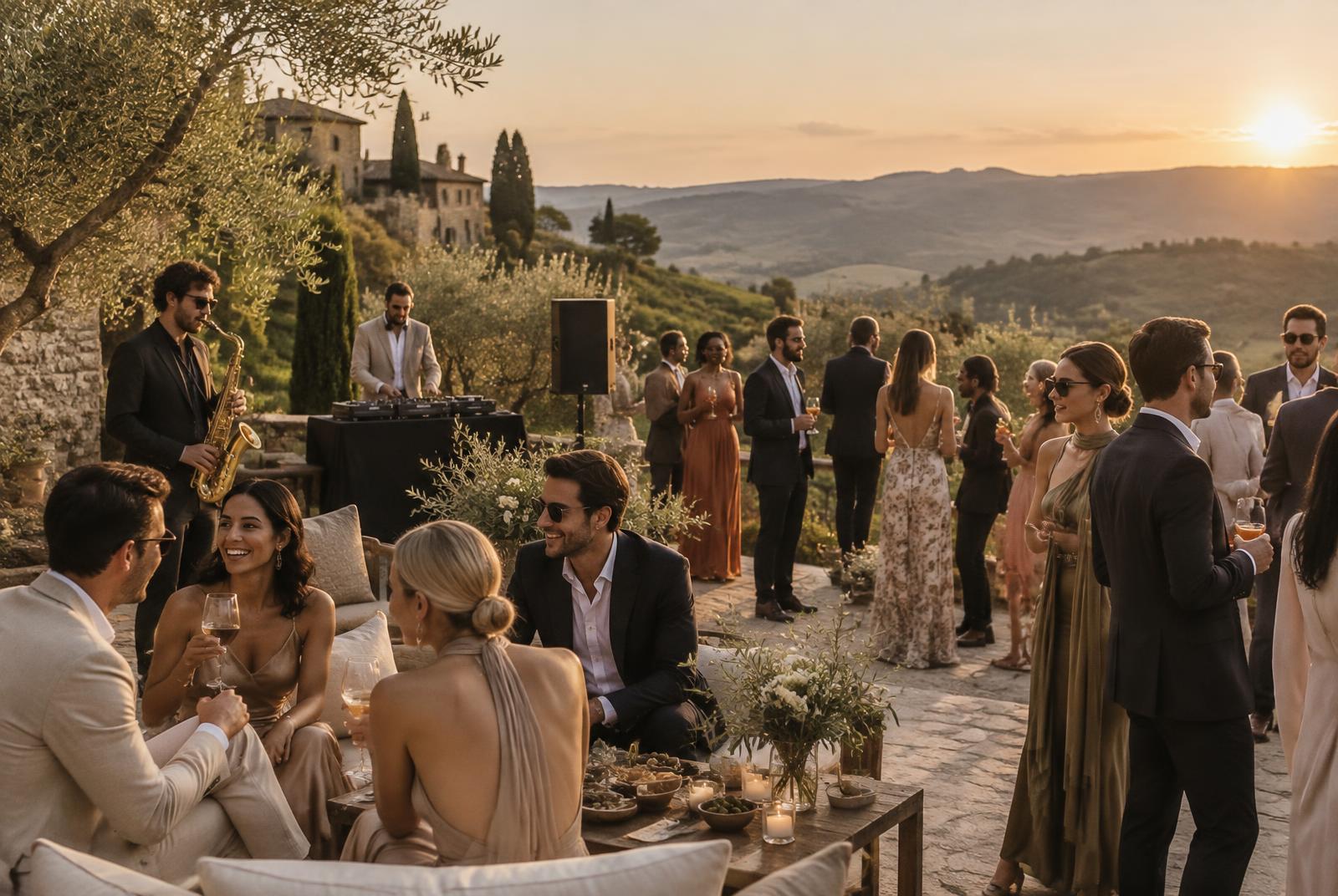 Guests enjoying an aperitivo with music in the Tuscan countryside