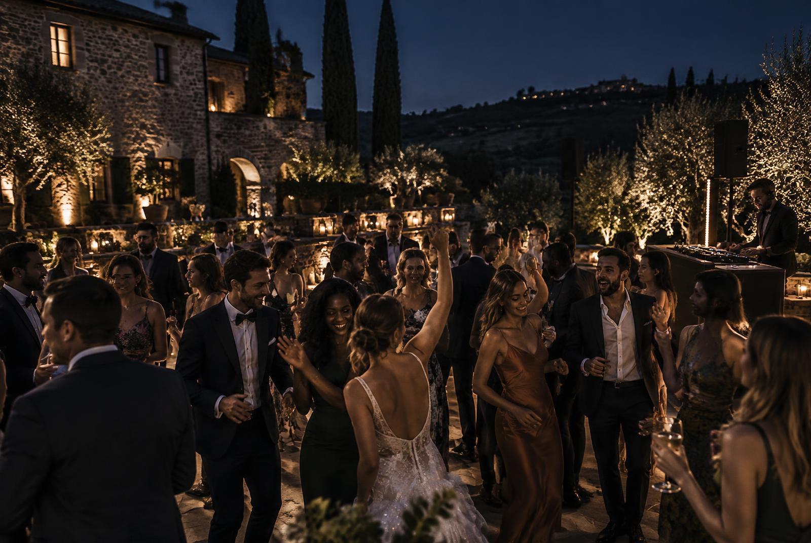 Guests dancing at an evening destination wedding in Tuscany