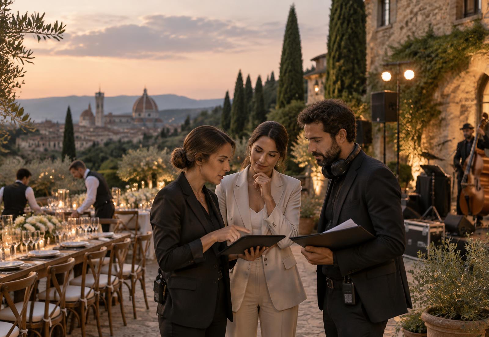 Music and venue coordination before a destination wedding in Tuscany