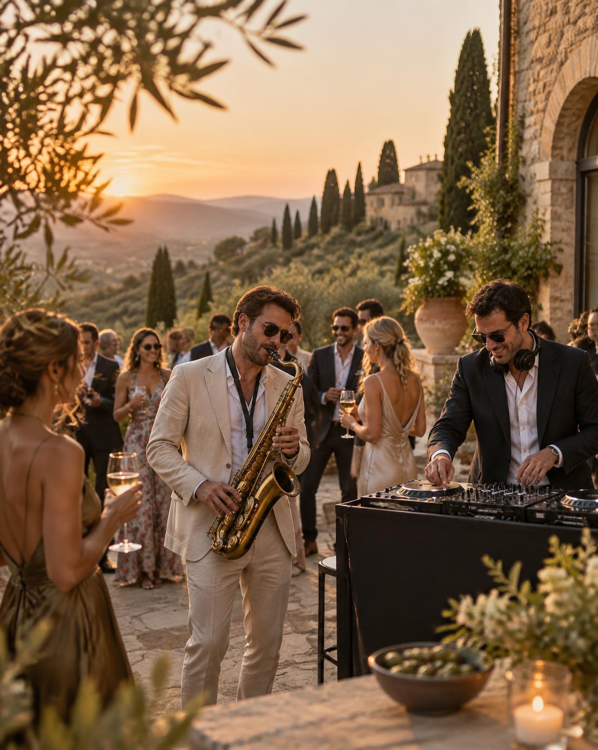 DJ and saxophone creating a shared musical moment at a Tuscan wedding